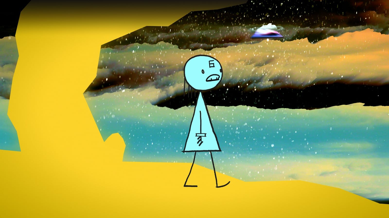 A traumatised looking stick figure with a 6 on her head walks through a yellow land