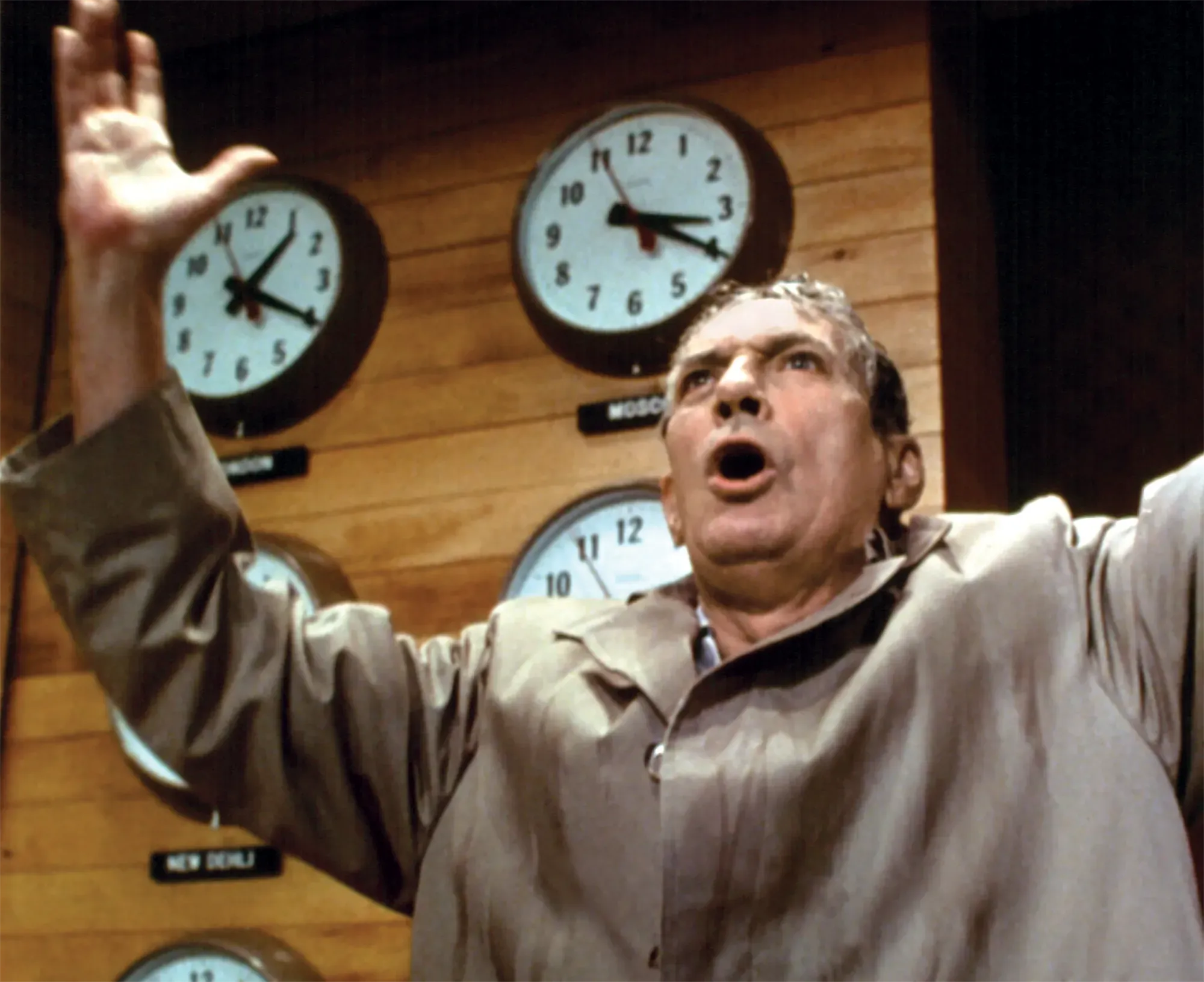 Still image from the film Network showing Peter Finch as Howard Beale. 