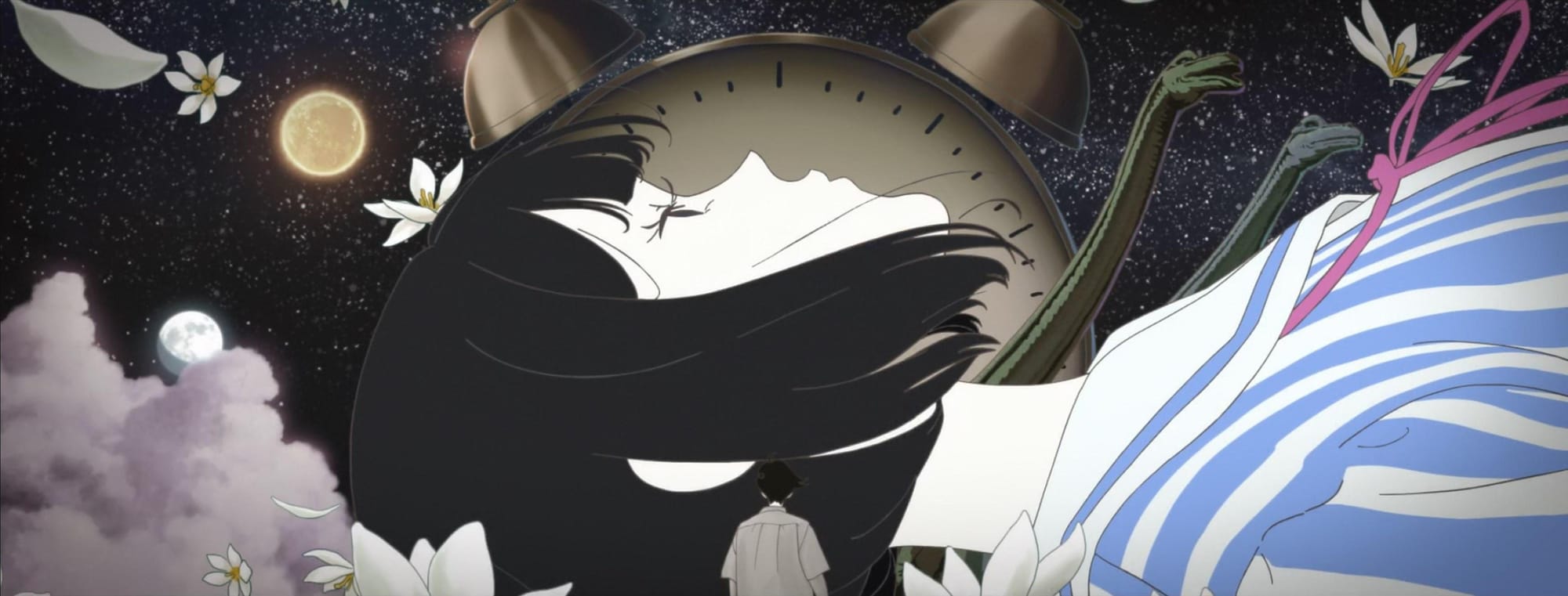 An image from Tatami Time Machine Blues showing a girl with short dark hair lying down in front of a clock