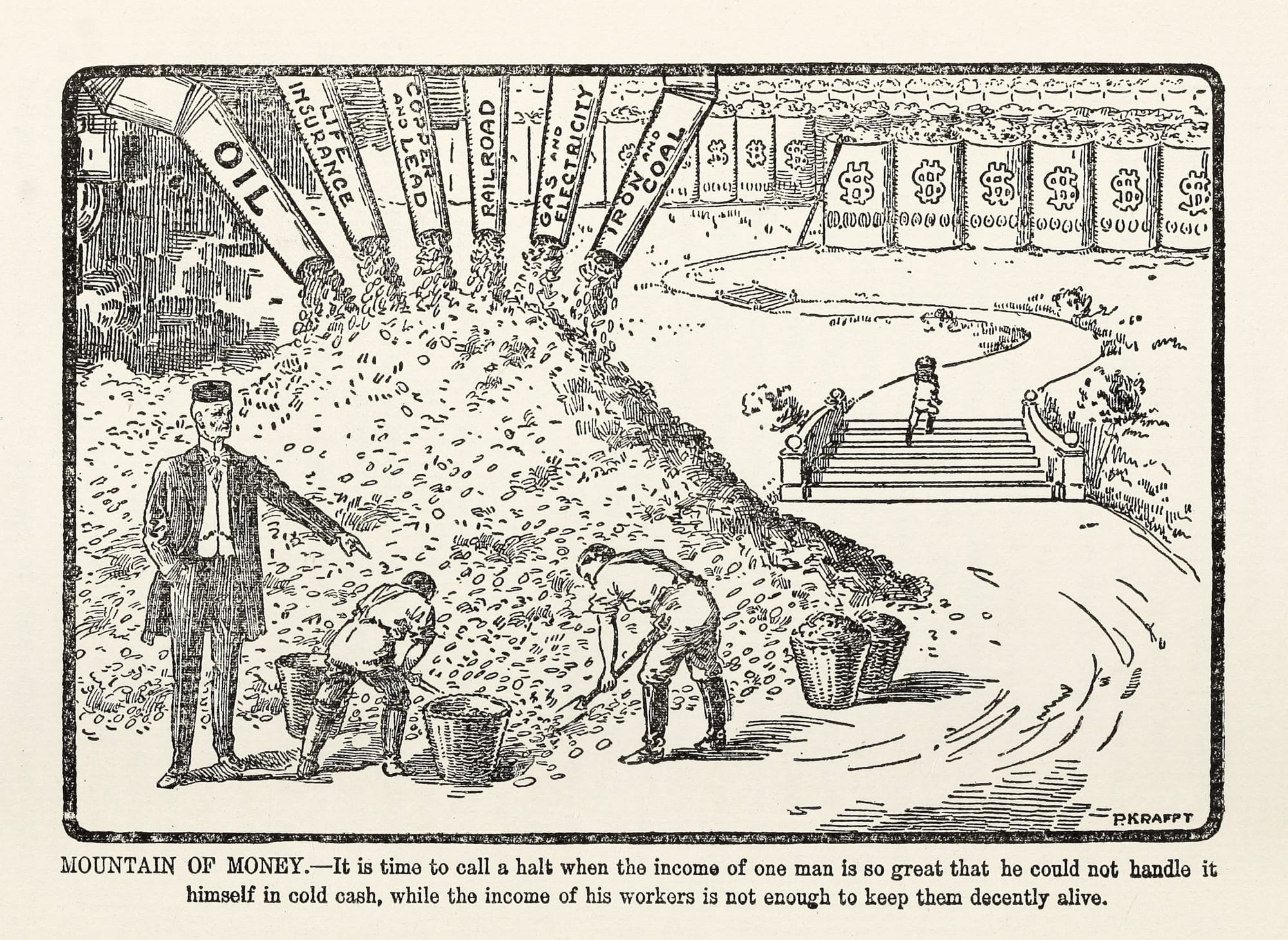 Newspaper cartoon of a man standing beside a pile of coins forcing workers to shovel it into buckets for him