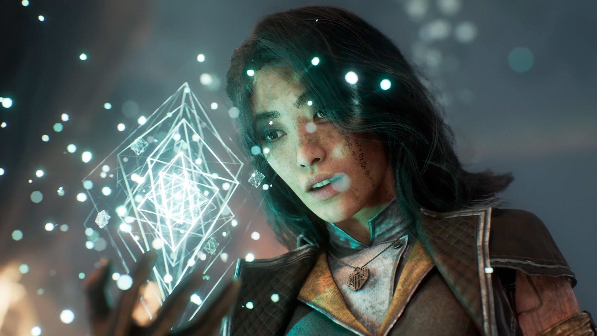 Still from the game showing a dark haired woman staring at weird lights