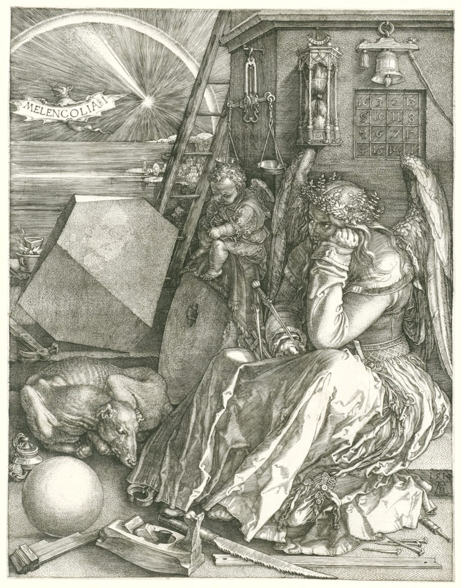 Engraving showing a glum looking angel , a sad dog, and a depressed cherub
