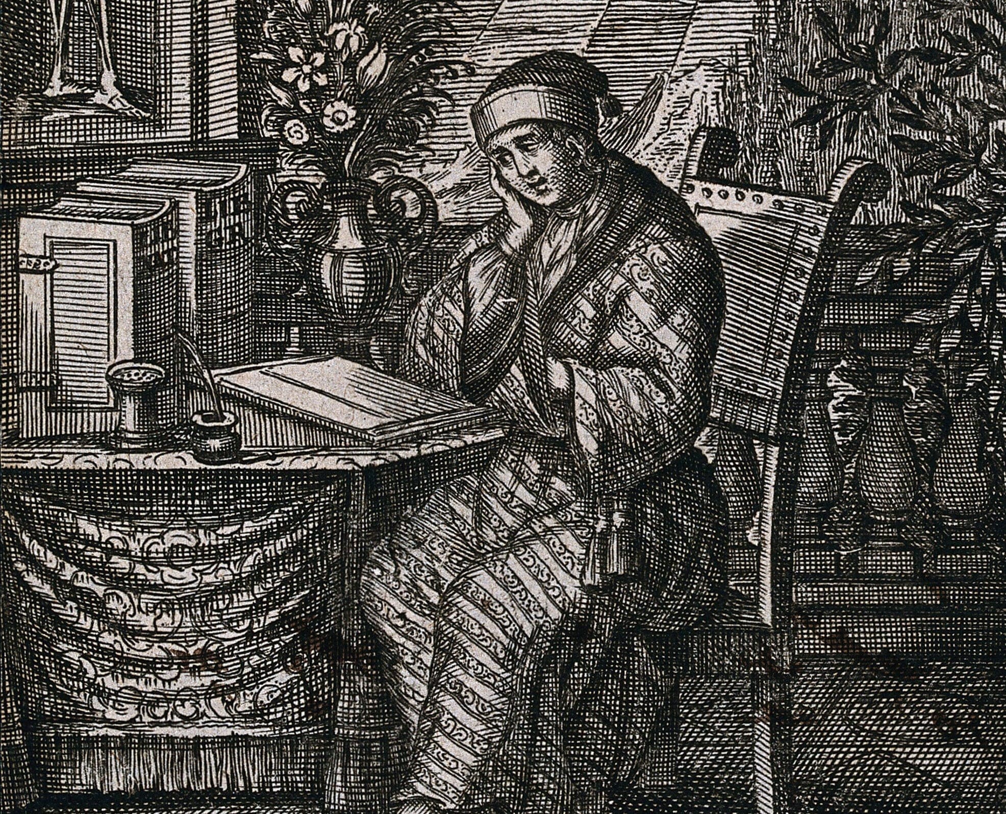 Etching of a man in a nightcap and robe sitting at a desk looking at papers and books