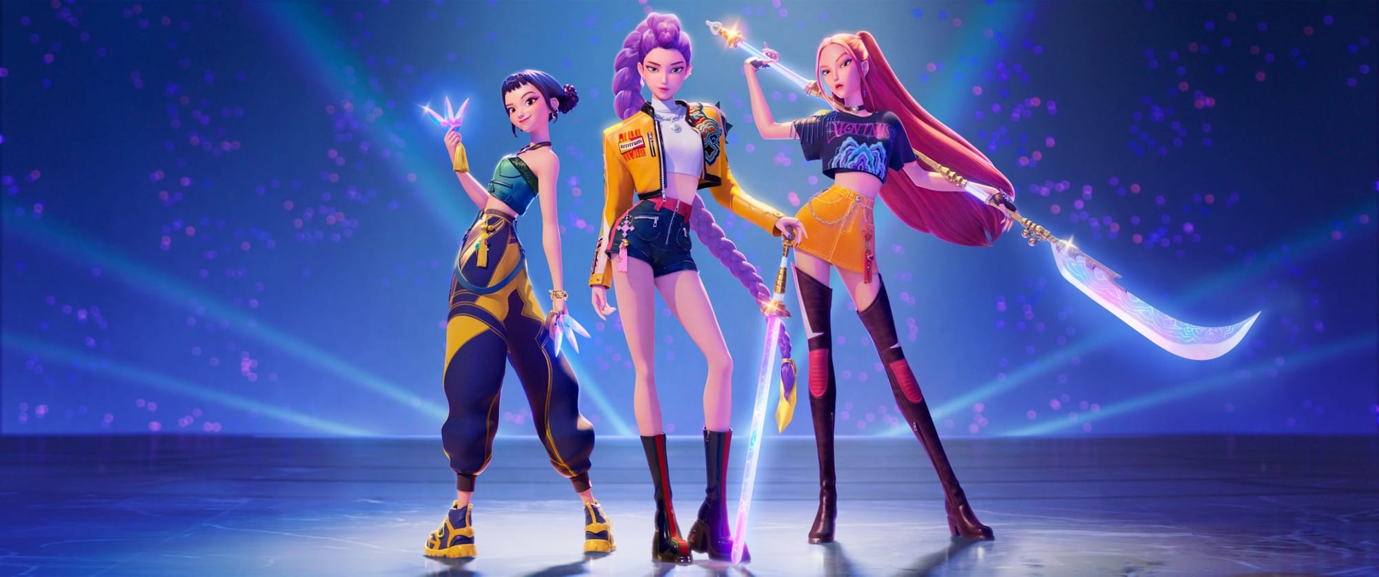 Three anime magic girls stand with glowing weapons and a variety of hair colours