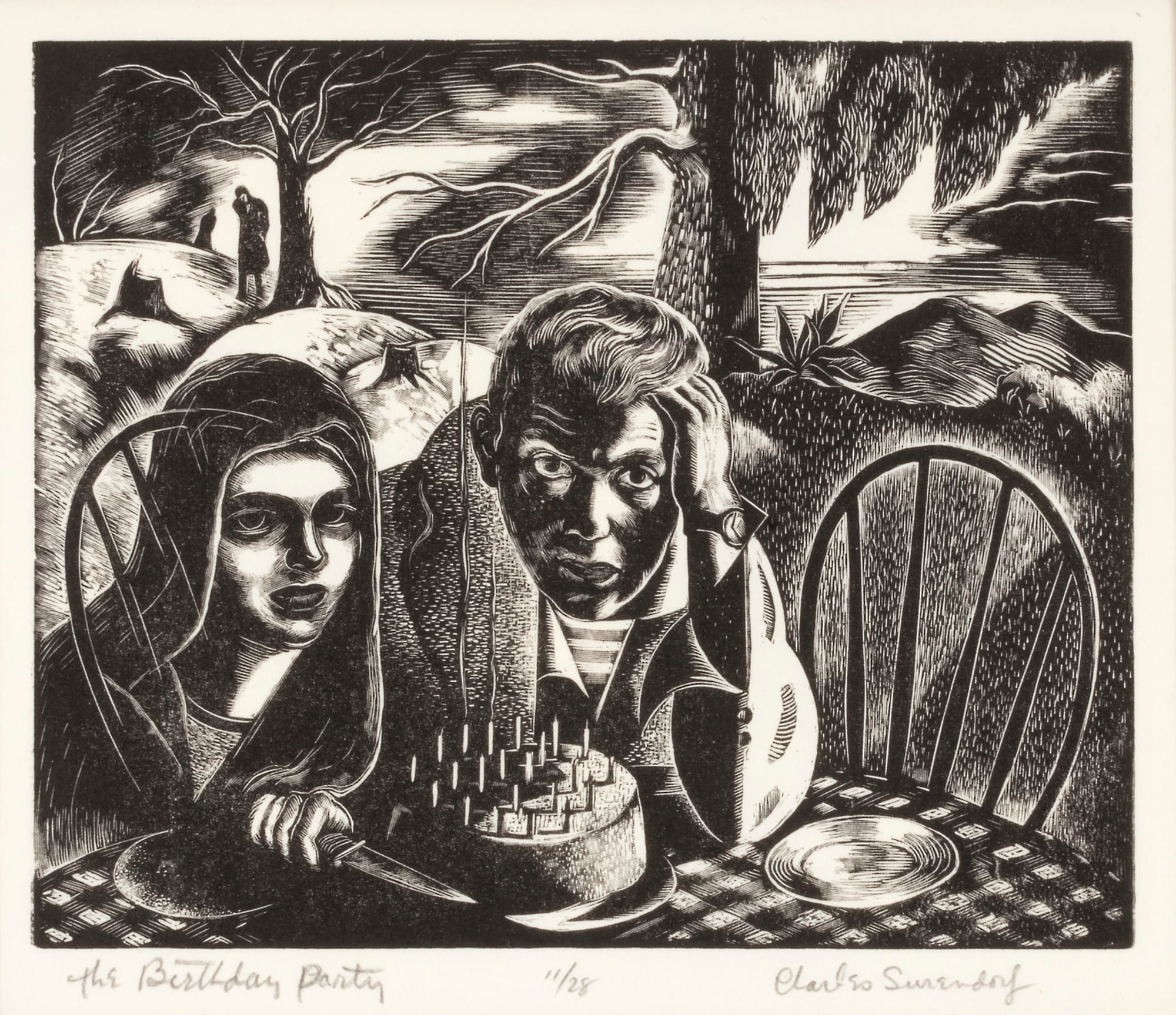 Woodcut of couple at an outdoor table with a birthday cake
