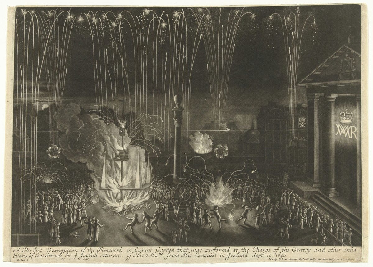 Black and white drawing of fireworks over  a crowd in Covent Garden
