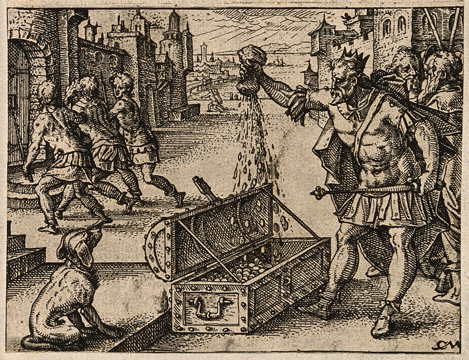 Etching showing a roman emperor pouring money into a large chest, as a man is led away by guards and a dog watches.