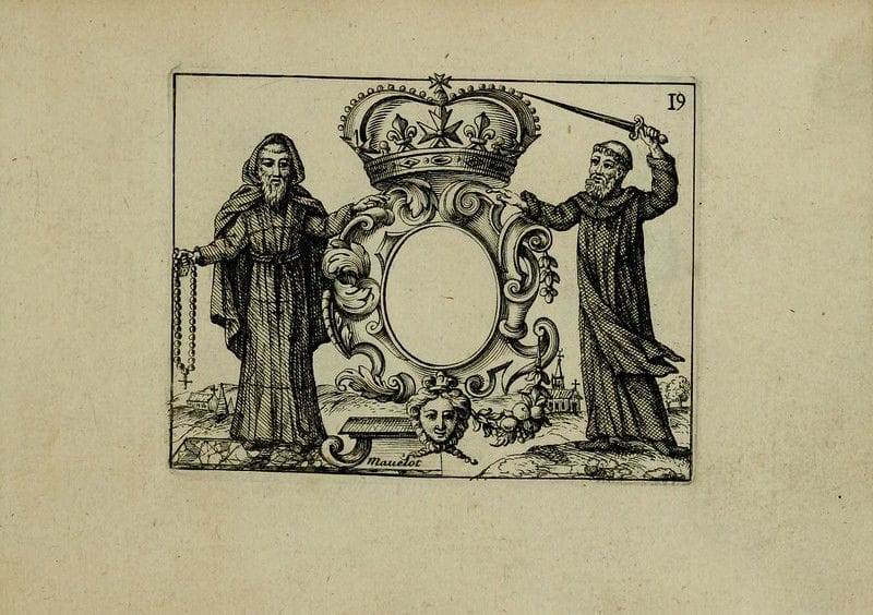 Engraving showing two monks flanking a crown, one with a crucifix, one with a sword