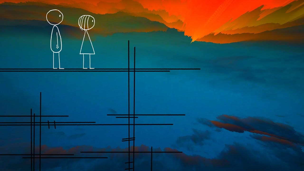 Still from animated short showing a male and a female stick figure standing on scaffolding looking at an angry sky