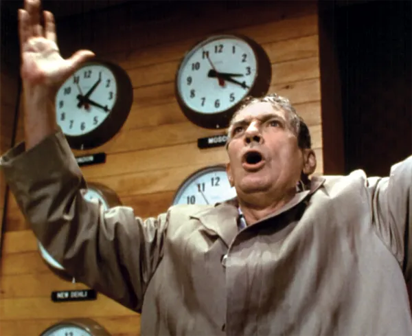 Still image from the film Network showing Peter Finch as Howard Beale. 
