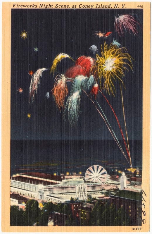 Vintage postcard showing a painting of fireworks over Coney Island