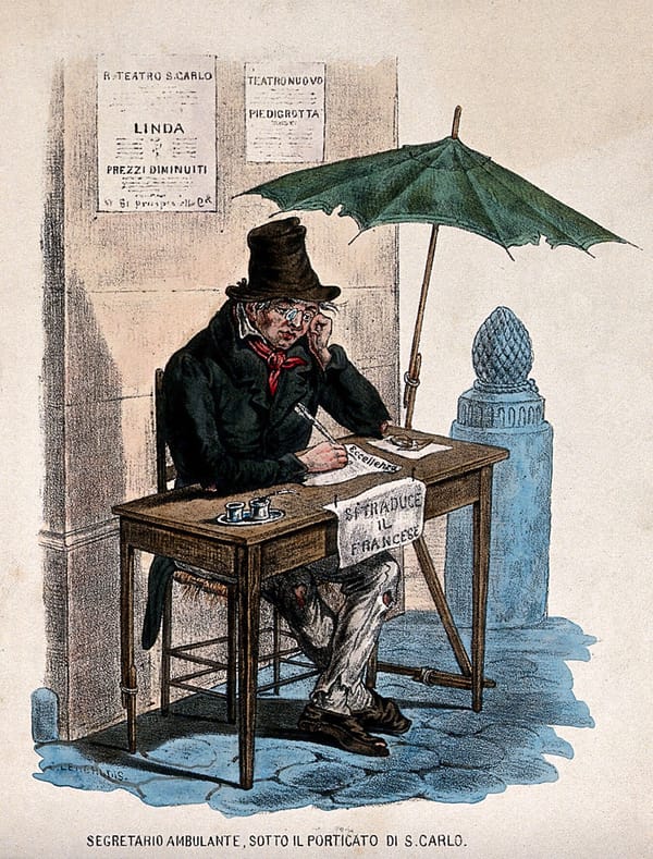 Sketch of man sitting at desk outside under a green umbrella