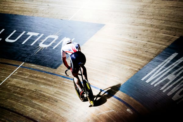 A British cyclist in the Olympic velodrome