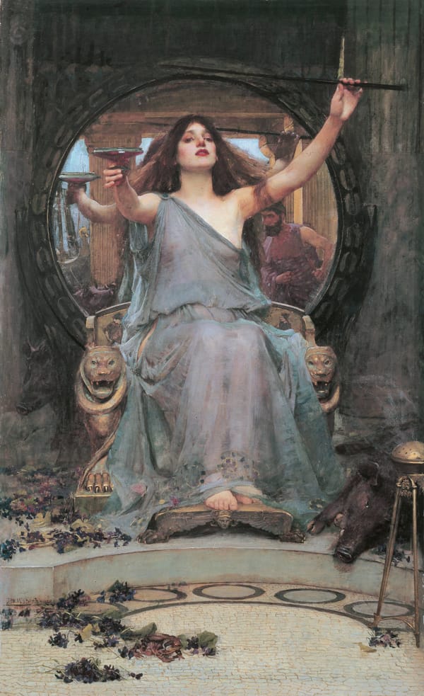 A woman sitting on a carved throne brandishing a wand and a cup