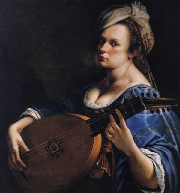 Oil painting, a woman in blue with a great rack plays a lute and looks serious