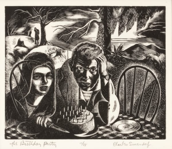 Woodcut of couple at an outdoor table with a birthday cake