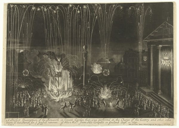Black and white drawing of fireworks over  a crowd in Covent Garden