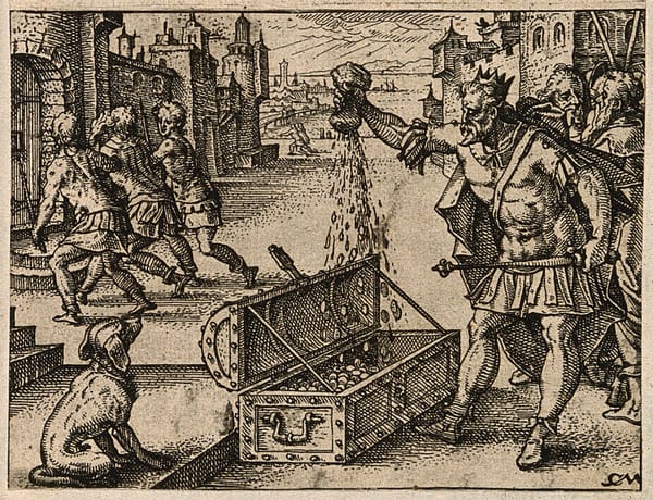 Etching showing a roman emperor pouring money into a large chest, as a man is led away by guards and a dog watches.