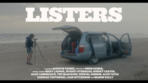 Poster for Listers, showing a van parked on a cloudy beach, with a man standing beside a tripod looking into a telescop