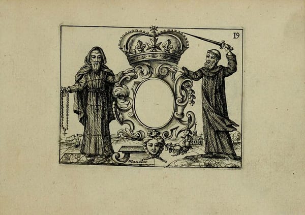 Engraving showing two monks flanking a crown, one with a crucifix, one with a sword