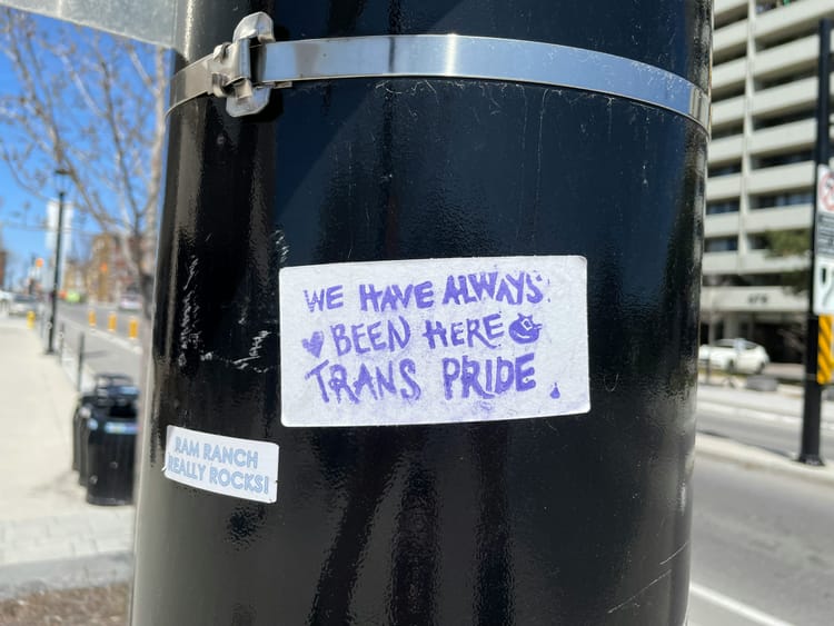 Sticker on bollard saying "we have always been here, trans pride"