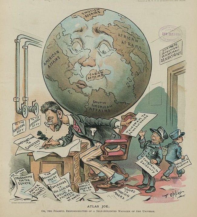 Cartoon of a harried man at a desk, surrounded by papers, with the world on his back