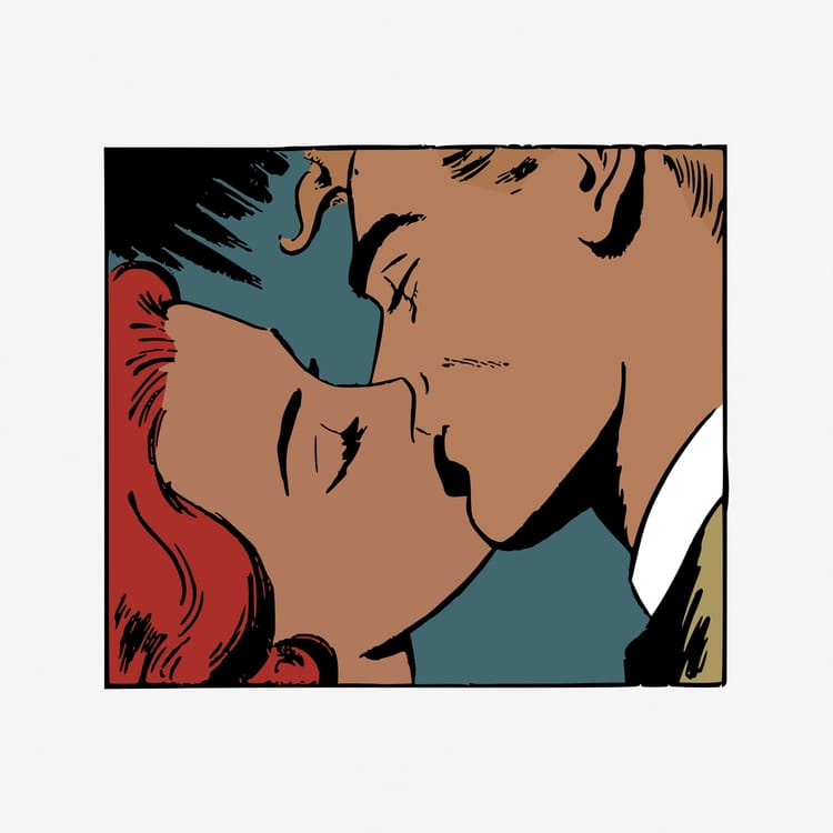 Pop art image of a red-haired woman kissing a blond man