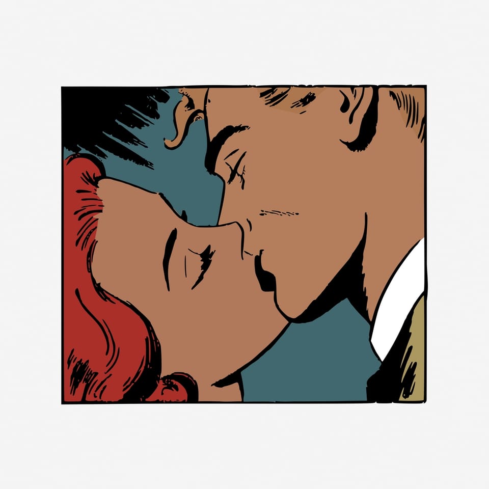 Pop art image of a red-haired woman kissing a blond man